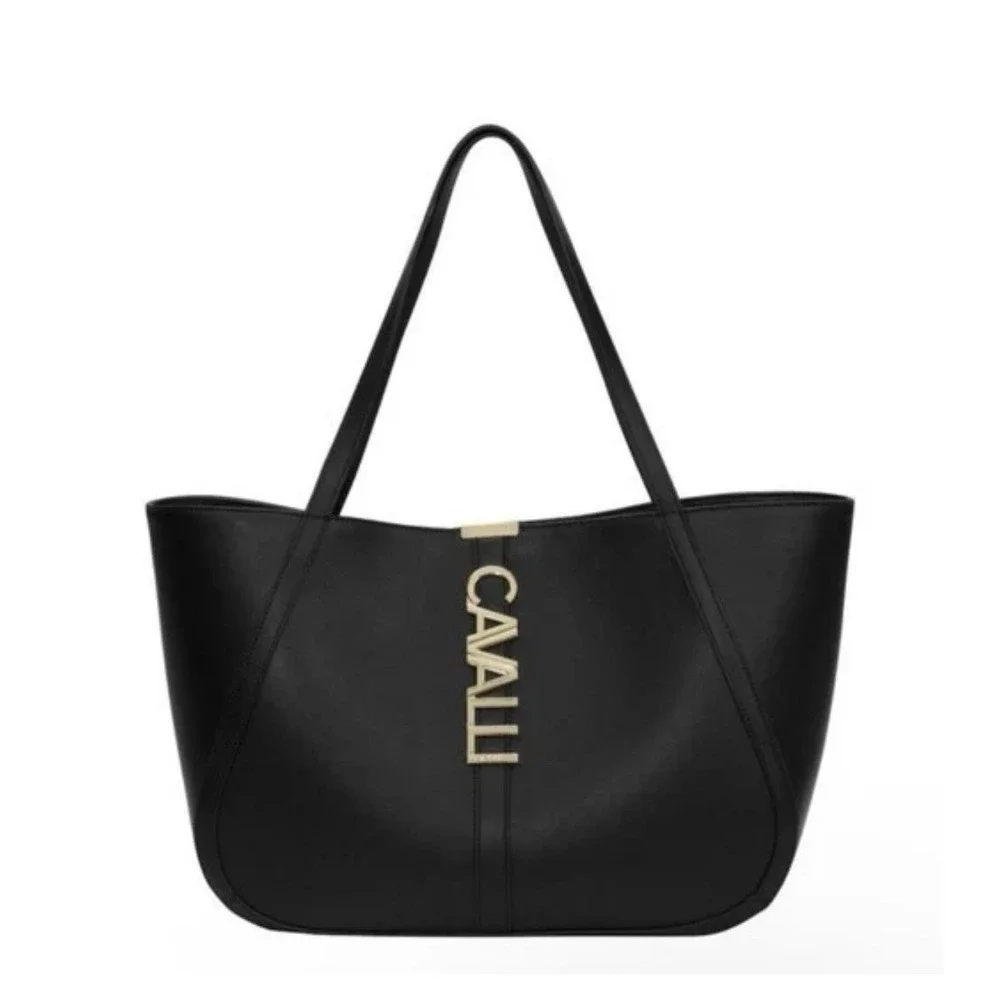 Cavalli Class Large Sandra Shopper Tote Bag Gold‎ Logo Black Vegan Leather $118.